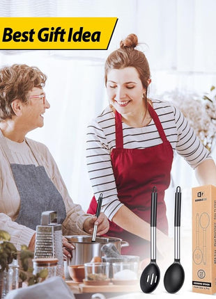 Pack of 2 Large Silicone Cooking Spoons,Non Stick Solid Basting Spoon,Heat-Resistant Kitchen Utensils for Mixing,Serving,Draining,Stirring (BLACK)