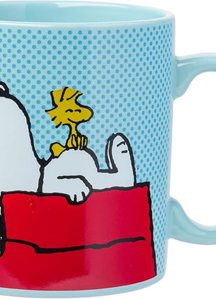 Silver Buffalo Peanuts Snoopy and Woodstock on House Blue Dot Background Ceramic Coffee Mug, 20 Ounces