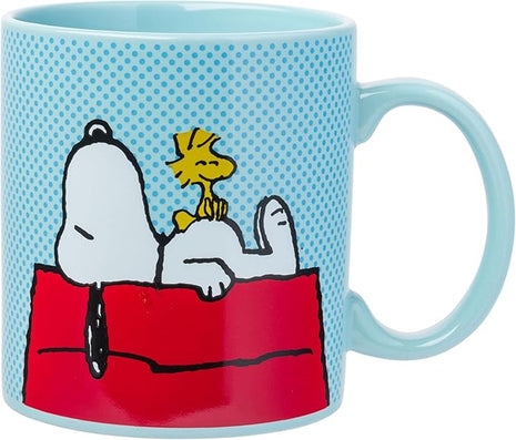 Silver Buffalo Peanuts Snoopy and Woodstock on House Blue Dot Background Ceramic Coffee Mug, 20 Ounces