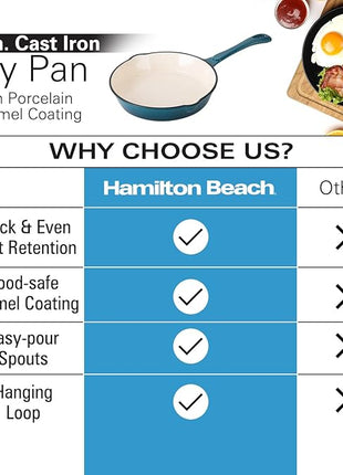 Hamilton Beach Enameled Cast Iron Fry Pan 8-Inch Navy, Cream Enamel Coating, Skillet Pan for Stove Top and Oven