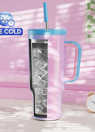 Meoky 40 oz Tumbler with Handle and Straw: Stainless Steel Insulated Tumbler with Lid and Straw - 100% Leak Proof Tumbler for Car Cup Holders - Travelers Commuters Workers, Donut