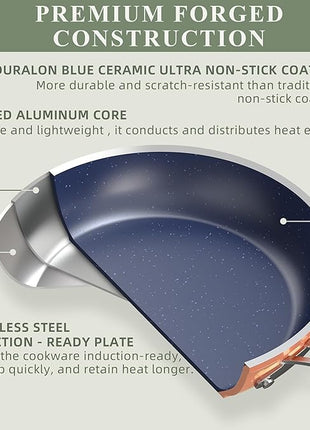 Nuwave Healthy Duralon Blue Ceramic Nonstick Cookware Set, Diamond Infused Scratch-Resistant, PFAS Free, Dishwasher & Oven Safe, Induction Ready & Evenly Heats,Tempered Glass Lids & Stay-Cool Handles