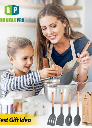Pack of 4 Silicone Cooking Utensils Set, Non Stick Solid Spatulas and Heat Resistant Slotted Spoons with Wooden Handle, Ideal Wood Kitchen Utensils Set for Frying,Serving,Turning,Stirring (GRAY)
