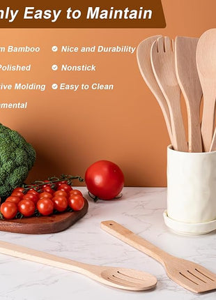 Wooden Spoons for Cooking 7-Piece, Kitchen Nonstick Wood Cooking Utensils Set, Durability Wooden Spatula Spoon for Everyday Use, Light Yellow