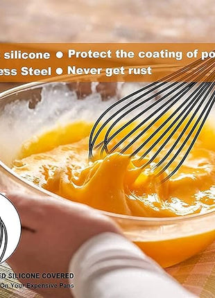 Walfos Whisk 11inch Flat Whisks and 10inch Balloon Whisk Combo,Silicone whisks for cooking,Non Scratch Coated Wisk,Suitable for Ceramic Coated pans and Wider shallower pots.(2pcs black)