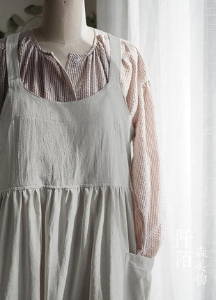 Uaussi Cotton Linen Apron Cross Back Work Apron for Women with Pockets Pinafore Dress X Cross Halter Apron for Chef Gardening
