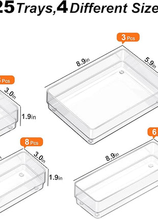 SMARTAKE 25-Piece Drawer Organizer with Non-Slip Silicone Pads, 4-Size Desk Drawer Organizer Trays Storage Tray for Makeup, Jewelries, Utensils in Bedroom Dresser, Office and Kitchen (Clear)