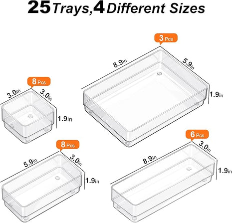 SMARTAKE 25-Piece Drawer Organizer with Non-Slip Silicone Pads, 4-Size Desk Drawer Organizer Trays Storage Tray for Makeup, Jewelries, Utensils in Bedroom Dresser, Office and Kitchen (Clear)