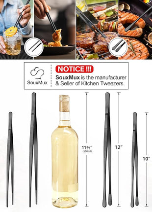 2 Pcs 12-inch Cooking Tweezers Tongs Precision Serrated Tips, Stainless Steel Professional Chef Tweezer Kitchen Tools for BBQ, Plating and Serving (Black)