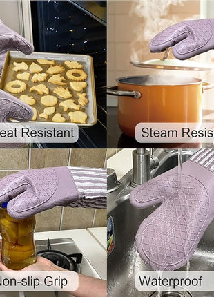 Silicone Oven Mitts Heat Resistant 932℉ with Waterproof & Non-Slip Kitchen Mittens, Set of 2 Extra Long Oven Gloves with Soft Cotton Terry Lining for Baking Cooking Barbecue(2, Purple Mitts)