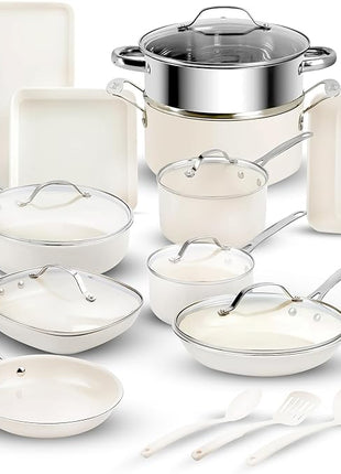 GOTHAM STEEL 20 Pc Ceramic Cookware Set Nonstick, Ceramic Pots and Pans Set Non Stick for Kitchen with Bakeware, Cooking Utensils & Steamer, Non Toxic PFOA PFOS Free, Oven & Dishwasher Safe