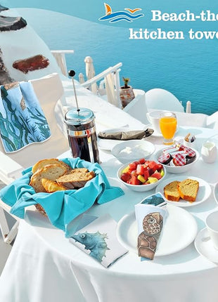 Boyiee Set of 6 Beach Kitchen Towels Sea Ocean Animal Nautical Tea Towels 24 x 16 Inches Kitchen Gifts Turtle Jellyfish Seahorse Hand Dishcloth for Farmhouse Bathroom Decorations