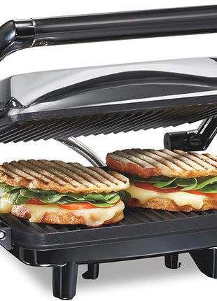 Hamilton Beach Panini Press Sandwich Maker & Electric Indoor Grill with Locking Lid, Opens Wide to Fit Any Thickness for Quesadillas, Burgers & More, Nonstick 8" x 10" Grids, Chrome (25460AG)