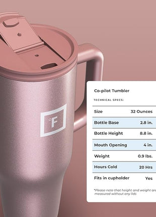 IRON °FLASK Co-Pilot Insulated Mug w/Straw & Flip Cap Lids - Cup Holder Bottle for Hot, Cold Drink - Leak-Proof - Water, Coffee Portable Travel Mug - Rose Gold, 32 Oz