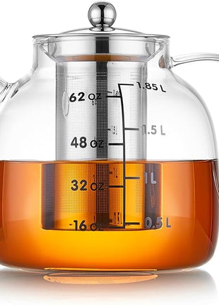 68OZ Glass Teapot Tea Pot With Infuser, Glass Kettle For Stove Top, Tea Glass Pot, 2000ML Glass Tea Cup With Infuser And Lid For Loose Leaf Tea Steeper, Dishwasher Safe