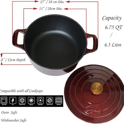 La Cuisine Enameled Cast Iron Dutch Oven Casserole Pot with Lid 6.5 QT 11" /28cm Dia. Internal Matte Black Enamel Coating Gold-Plated SS Lid Handle Oven Safe up to 500° F for bread baking, Cranberry