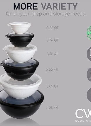 COOK WITH COLOR Mixing Bowls with TPR Lids - 12 Piece Plastic Nesting Bowls Set includes 6 Prep Bowls and 6 Lids, Microwave Safe Mixing Bowl Set (Black and White)