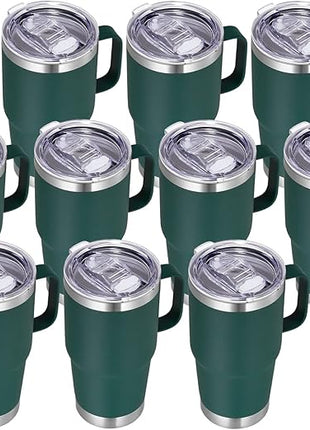 VEGOND 20 oz Tumbler Bulk with Handle Lid and Straw, Stainless Steel Insulated Travel Coffee Mug Set, Spill Proof Double Wall Metal Tumblers Cups, Dark Green 12 Pack