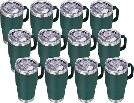 VEGOND 20 oz Tumbler Bulk with Handle Lid and Straw, Stainless Steel Insulated Travel Coffee Mug Set, Spill Proof Double Wall Metal Tumblers Cups, Dark Green 12 Pack