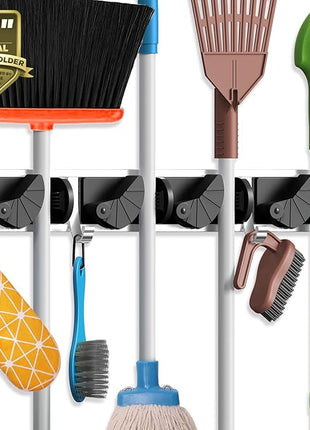 Holikme Mop Broom Holder Wall Mount Metal Pantry Organization and Storage Garden Kitchen Tool Organizer Wall Hanger for Home Goods (4 Positions with 4 Hooks, Black)
