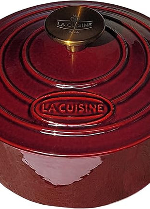 La Cuisine Enameled Cast Iron Dutch Oven Casserole Dish Pot with Lid, 2.1 QT 7.9“ /20cm Dia. Internal Matte Black Enamel Coating, Gold-Plated SS Lid Handle Oven Safe up to 500° F, Cranberry