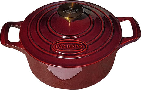La Cuisine Enameled Cast Iron Dutch Oven Casserole Dish Pot with Lid, 2.1 QT 7.9“ /20cm Dia. Internal Matte Black Enamel Coating, Gold-Plated SS Lid Handle Oven Safe up to 500° F, Cranberry