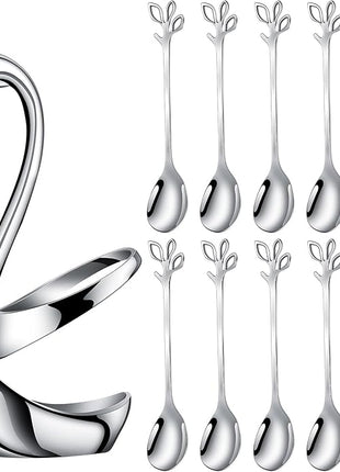 AnSaw Silver Small Coffee Spoon Holder Set,Swan Base With 10 Pcs Demitasse Espresso Spoons Set,4.7" Mini Leaf Dessert Spoon,Stainless Steel Tea Spoons
