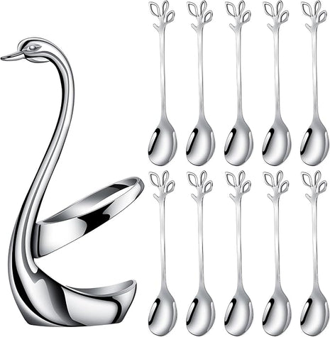 AnSaw Silver Small Coffee Spoon Holder Set,Swan Base With 10 Pcs Demitasse Espresso Spoons Set,4.7" Mini Leaf Dessert Spoon,Stainless Steel Tea Spoons