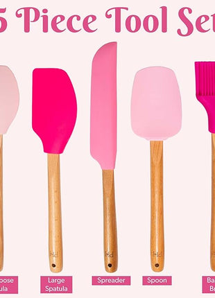 Paris Hilton Silicone Spatula Set, Heat Resistant Kitchen Utensils Tool Set includes a basting brush, all-purpose spatula, large spatula, spoon and spreader, 5-Piece Pink