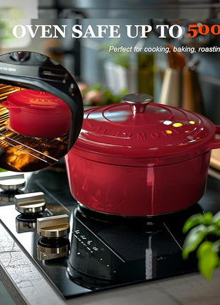 Overmont Enameled Cast Iron Dutch Oven - 4.5QT Pot with Lid Cookbook & Cotton Potholders - Heavy-Duty Cookware for Braising, Stews, Roasting, Bread Baking red