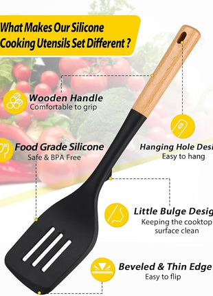 Pack of 4 Silicone Kitchen Utensils Set, Non Stick Solid Spatulas and Heat Resistant Slotted Spoons with Wooden Handle, Ideal BPA Free Cooking Utensils for Mixing,Serving,Turning,Stirring(BLACK)