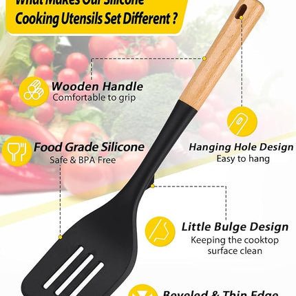 Pack of 4 Silicone Kitchen Utensils Set, Non Stick Solid Spatulas and Heat Resistant Slotted Spoons with Wooden Handle, Ideal BPA Free Cooking Utensils for Mixing,Serving,Turning,Stirring(BLACK)