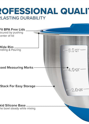 Viking Mixing Bowls Set, 10 Piece Stainless Steel Kitchen Cookware, Non-Slip Silicone Base, Includes Tight Fit Lids, Dishwasher Safe, Blue