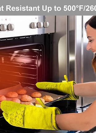 KEGOUU Oven Mitts and Pot Holders 6pcs Set, Kitchen Oven Glove High Heat Resistant 500 Degree Extra Long Oven Mitts and Potholder with Non-Slip Silicone Surface for Cooking (Yellow)