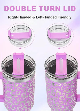 40 oz Tumbler with Handle and Straw, 100% Leak-Proof Travel Mug, Stainless Steel Double Wall Vacuum Insulated Coffee Cup Keeps Cold For 34 Hours, Dishwasher Safe, Lavender Rose Leopard