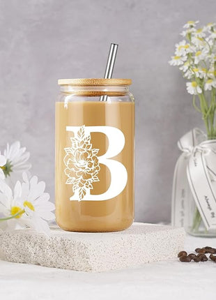 Coolife Initial Glass Cup, Monogrammed Gifts for Women, 16 oz Glass Cups w/Lids Straws, Iced Coffee Smoothie Beer Tumbler w/Straw Lid - Personalized Christmas, Birthday Gifts for Her Mom Friend Woman