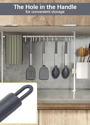 Silicone Spatula Spoon Set, 4 PCS Silicone Cooking Utensils Spatula Spoon Set with Stainless Steel Handle, BPA Free Kitchen Turners for Frying, Mixing, Serving, Draining, Turning, Stirring, Grey