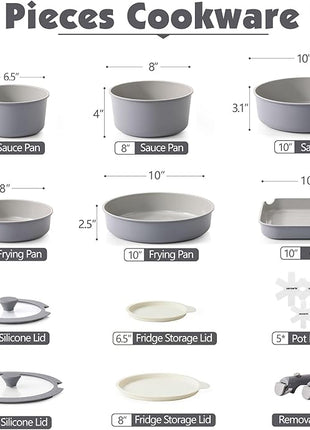 SENSARTE 17 Piece Ceramic Pots and Pans Set, Nonstick Detachable Handle Cookware, Induction Kitchen Cookware Set with Removable Handle, Dishwasher ＆ Oven Safe (Gray)