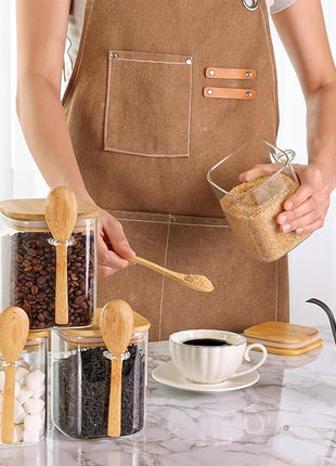 ComSaf 0.8 Qt Glass Jars with Bamboo Lids & Spoons Set of 4, Square Glass Containers with Lids, Sugar Coffee Containers Salt Spice Jars, Pantry Storage Container for Loose Tea, Candy, Brown Sugar, Nut