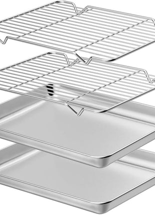 Wildone Baking Sheet with Rack Set [2 Sheets + 2 Racks], Stainless Steel Cookie Pan baking Tray with Cooling Rack, Size 10 x 8 x 1 Inch, Non Toxic & Heavy Duty & Easy Clean