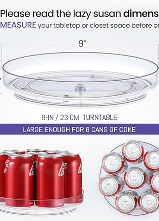 2 Pack 9 Inch Clear Acrylic Lazy Susan, Non-Skid Turntable Organizer for Cabinet, Kitchen, Pantry Organization Storage, Refrigerator, Vanity Makeup, Bathroom Countertop Organizing, Rotating Spice Rack