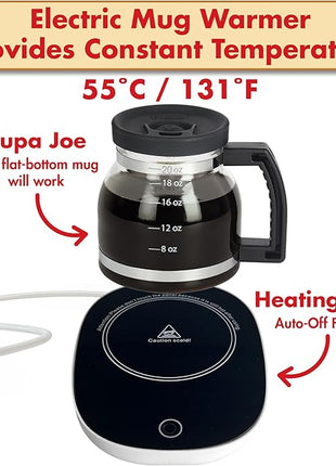 Electric Mug Warmer + Cupa Joe 20oz Diner-Style Mug Gift Set – Borosilicate Glass with Spill-Proof Lid – Unique Coffee Cup for Home, Coworkers, or Desk Use