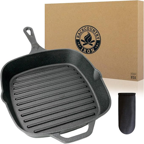 Backcountry Iron 10.5 Inch Square Grill Pan Medium Pre-Seasoned Cast Iron
