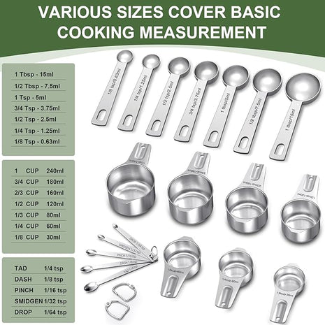 Measuring Cups and Spoons Set, 7 Stainless Steel Nesting Measuring Cups & 7 Spoons, 5 Mini Measuring Spoons & 2 Detachable Rings, Kitchen Gadgets for Cooking & Baking, Set of 21