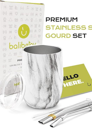 BALIBETOV 5 pcs large Yerba Mate Cup and Bombilla Kit, Includes one 12 oz Yerba Mate Gourd with Lid, Two Bombillas Mate Straw and one cleaning brush | Stainless steel | Double Walled