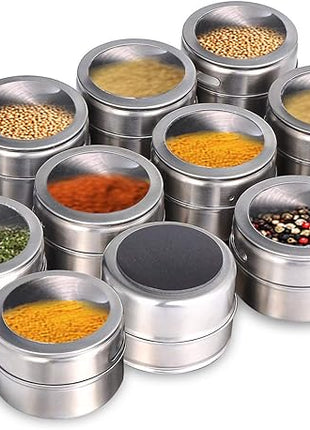 Beeyoka Magnetic Spice Jars,12 Pcs Stainless Steel Spice Tins with Lid and Small Holes for Sprinkle Rust Free Easy to Clean Includes 94 Labeling Stickers