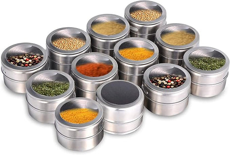 Beeyoka Magnetic Spice Jars,12 Pcs Stainless Steel Spice Tins with Lid and Small Holes for Sprinkle Rust Free Easy to Clean Includes 94 Labeling Stickers