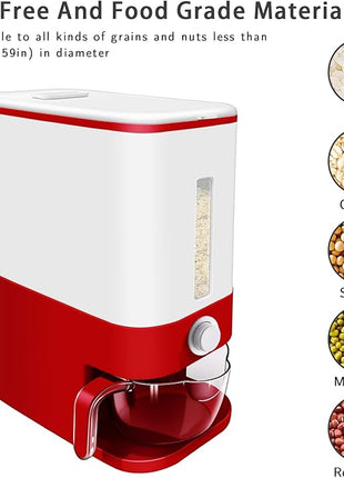22-25 Lbs Rice Dispenser, Large Cereal Dry Food Storage Containers with Measuring Cup, BPA-Free Household for Kitchen Pantry Organization-Red