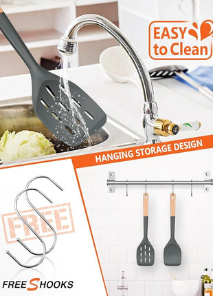 Pack of 2 Silicone Spatula, Non Stick Cooking Utensil Set Wooden Handle Kitchen Turner for Baking Mixing Grilling Serving Food Heat Resistant Non Scratch Hooks Included (Grey)