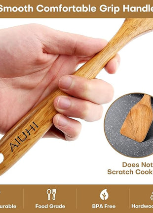 AIUHI Wood Spoons for Cooking, Nonstick Kitchen Utensil Set, Wooden Spoons Cooking Utensil Set Non Scratch Natural Teak Wooden Utensils for Cooking (Teak 8 Pack)
